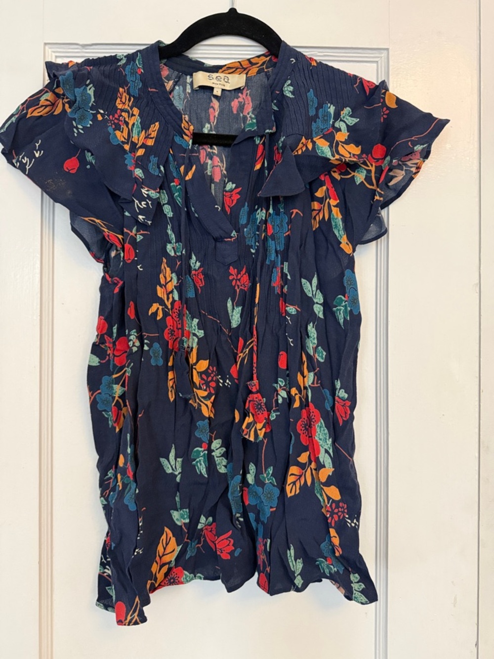 Sea Navy Floral Ruffle Top with Multicolor Blooms